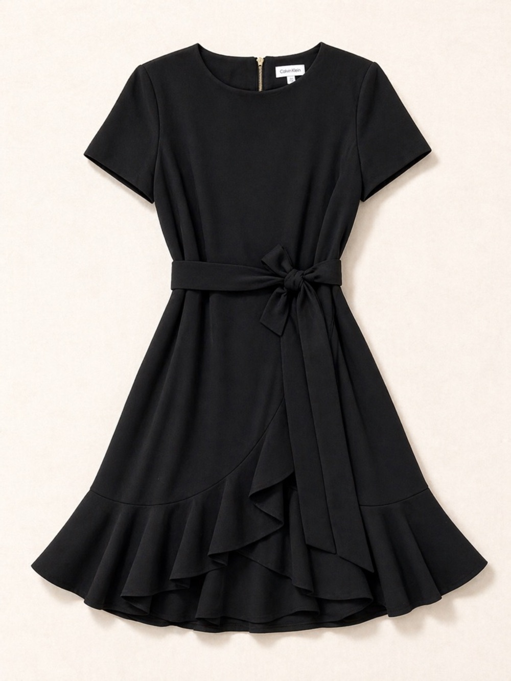 Calvin Klein | Black Belted Fit Flare Short Sleeve Ruffle Hem Workwear Chic